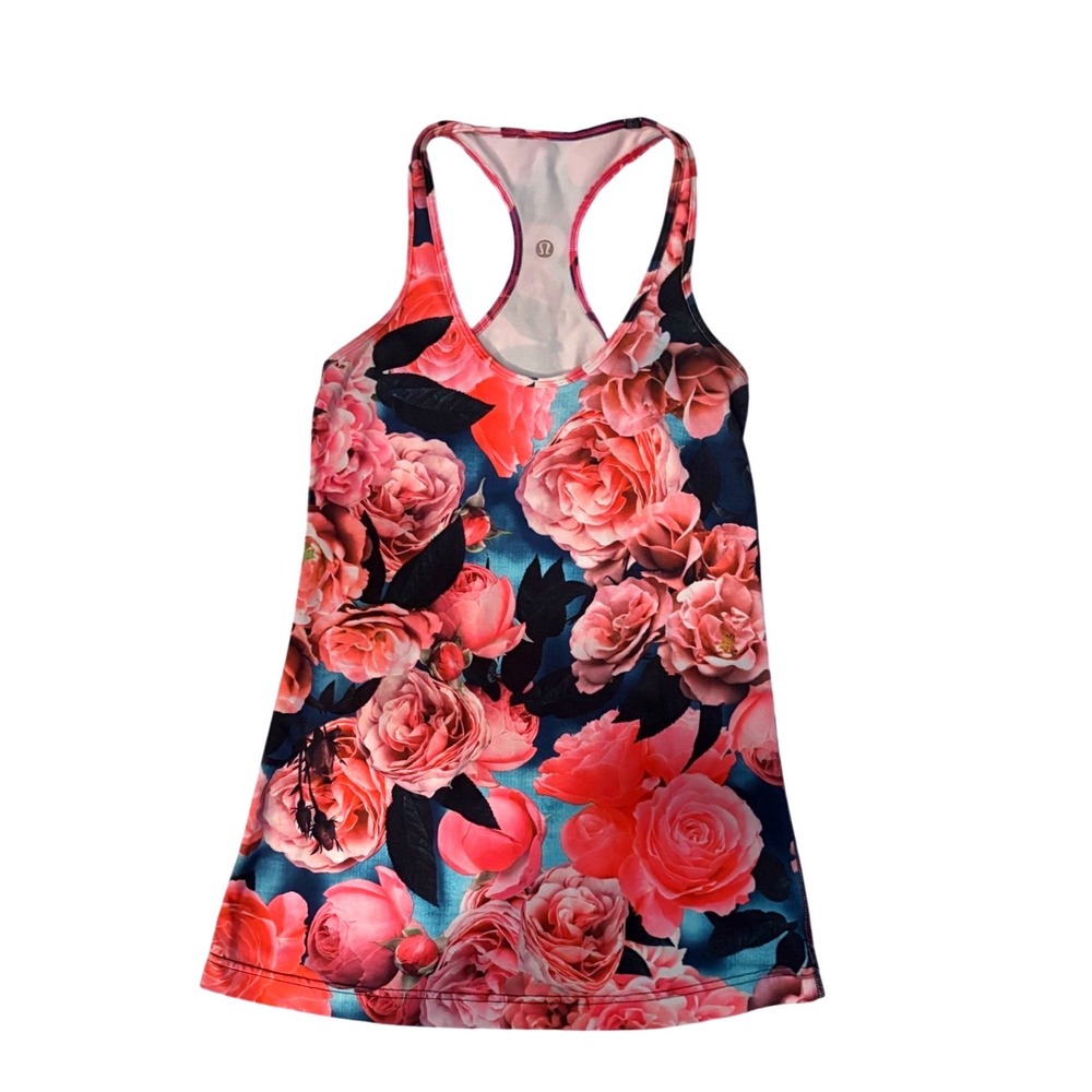 Lululemon‎ Cool Racerback Tank Top Floral Rose Print Pink Blue Womens Yoga Gym
